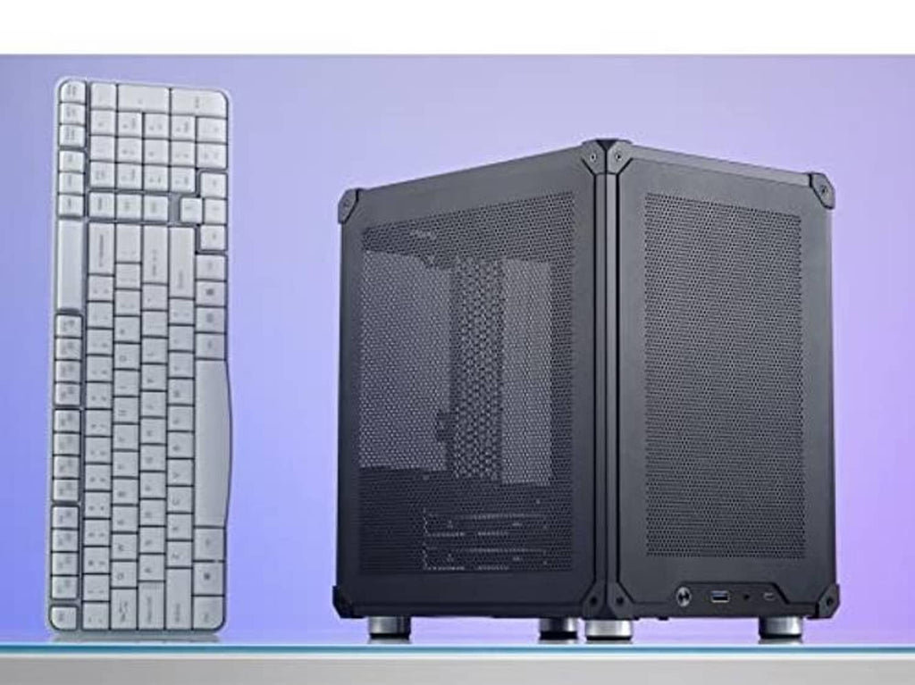Black mini micro-ATX PC case with mesh front panels and side vents, front USB I/O