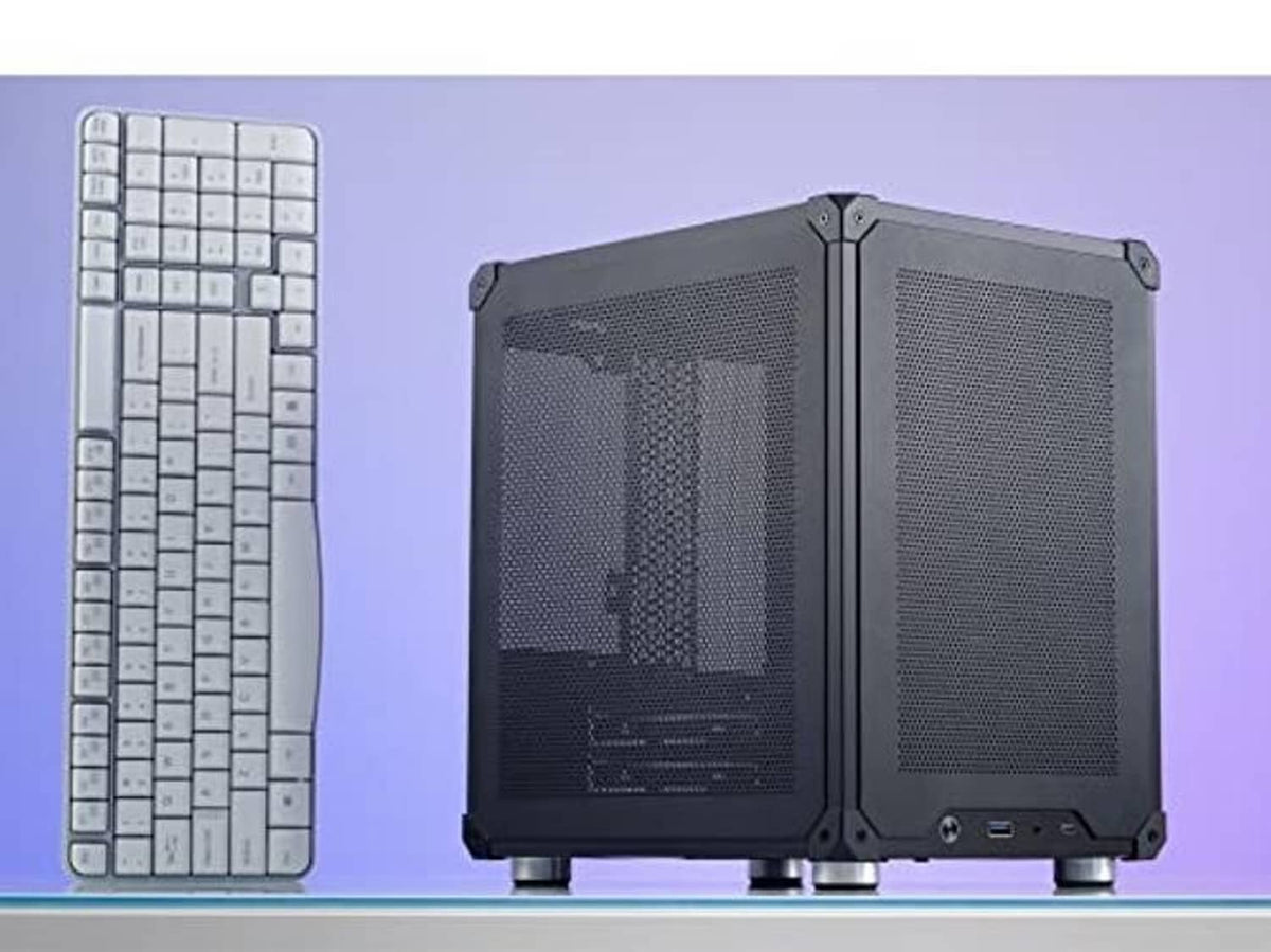 Black mini micro-ATX PC case with mesh front panels and side vents, front USB I/O