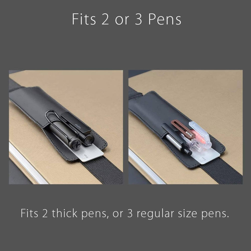 Black pen holder sleeve showing multiple pens fitted in the elastic pocket.