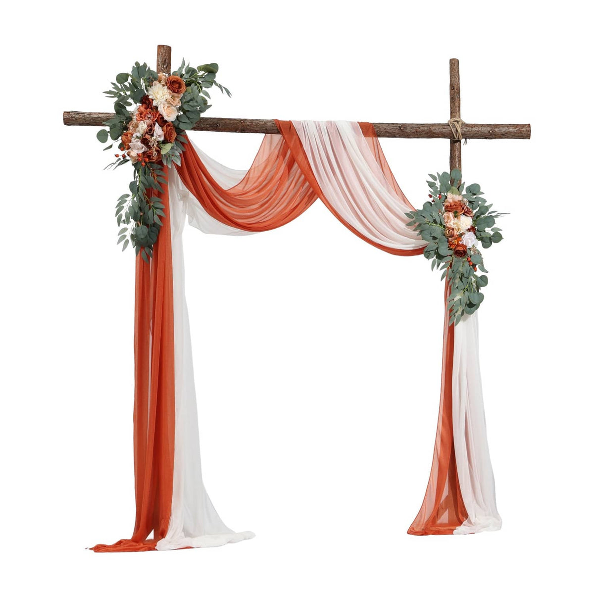 Artificial wedding arch flower kit: orange and white drapes with floral clusters