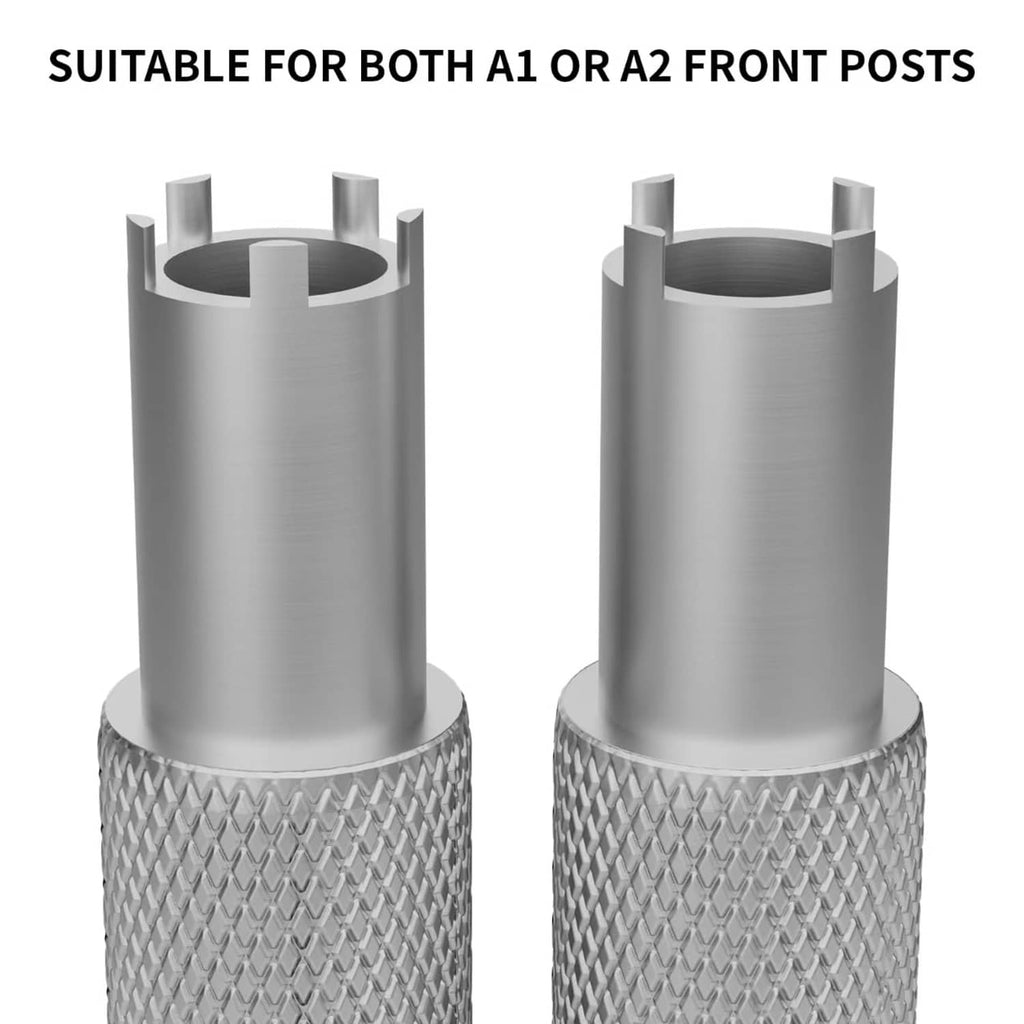 Front sight adjustment tool front-post sockets with matching openings, two views shown