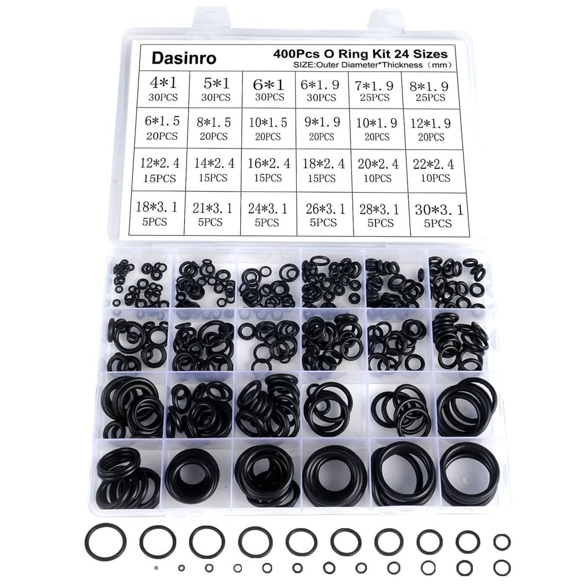 Black rubber O-ring assortment kit, 400 pcs in 24-size organizer tray