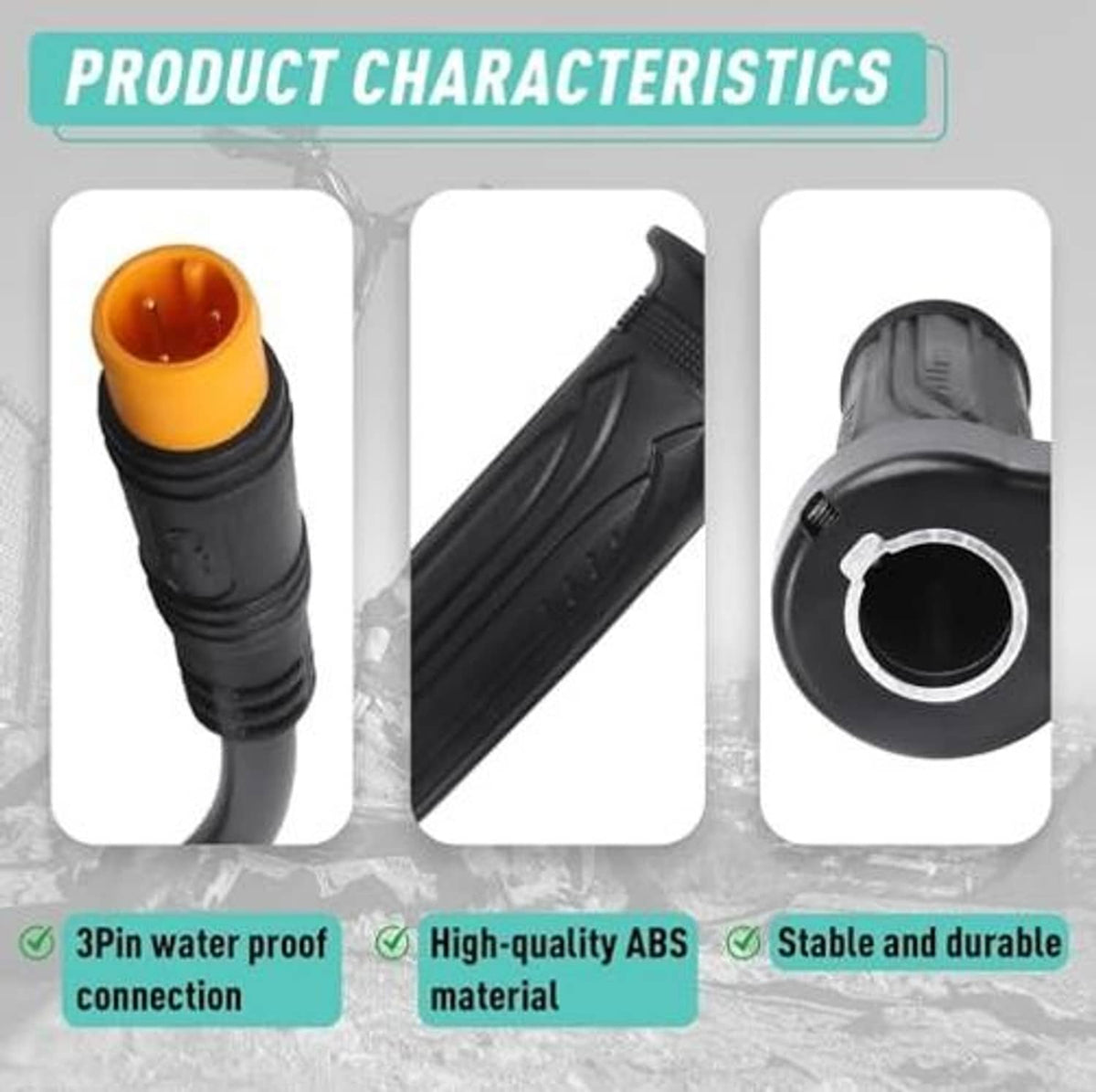 Black waterproof twist throttle grip with orange connector and circular cable port