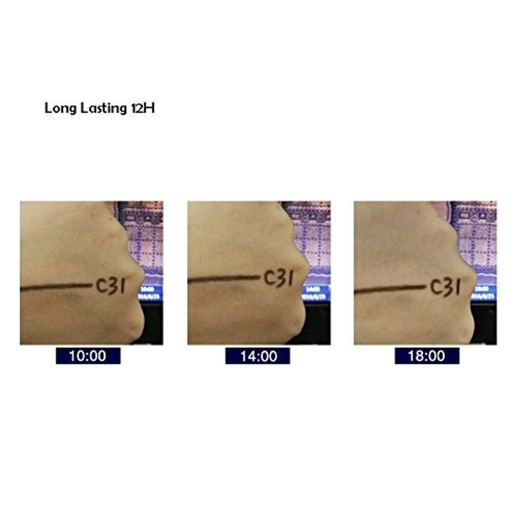 Long-lasting eyebrow pencil swatch on skin at 10:00, 14:00, and 18:00