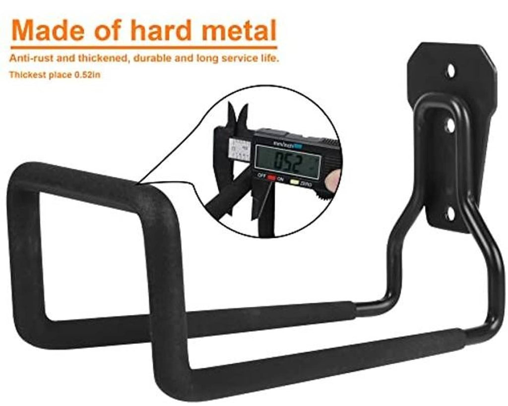 Black metal wall-mounted hose hanger with rectangular cradle and mounting holes