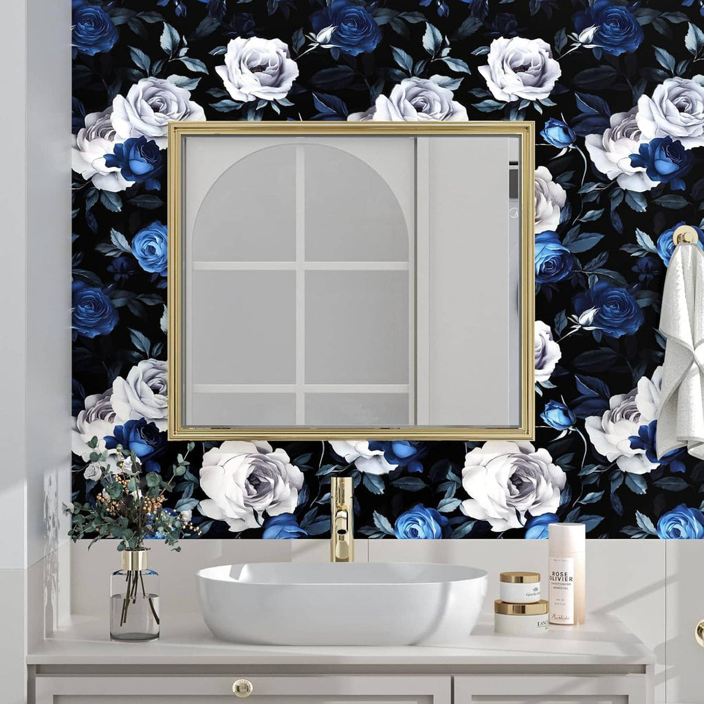 Bathroom peel-and-stick wallpaper with blue and white roses around mirror