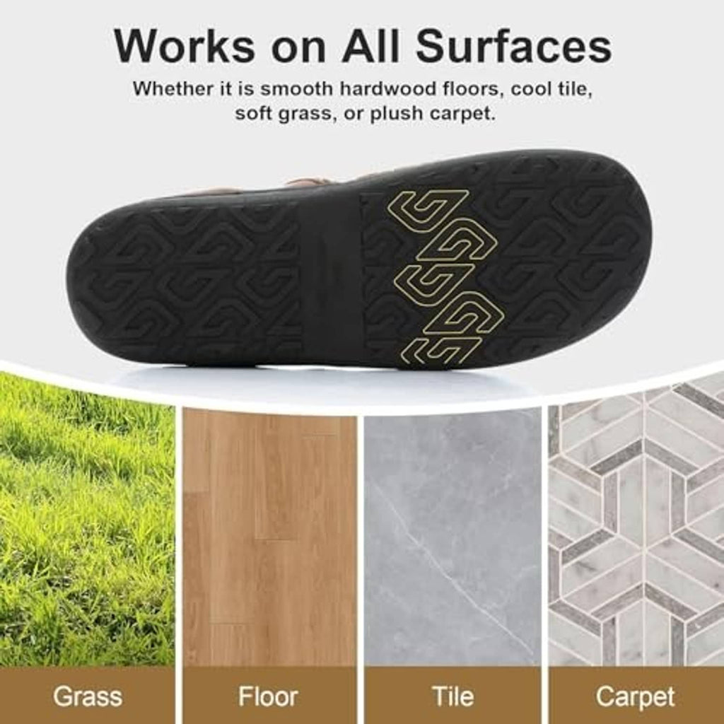 Black TPR outsole with patterned tread on a coffee-brown slip-on moccasin slipper