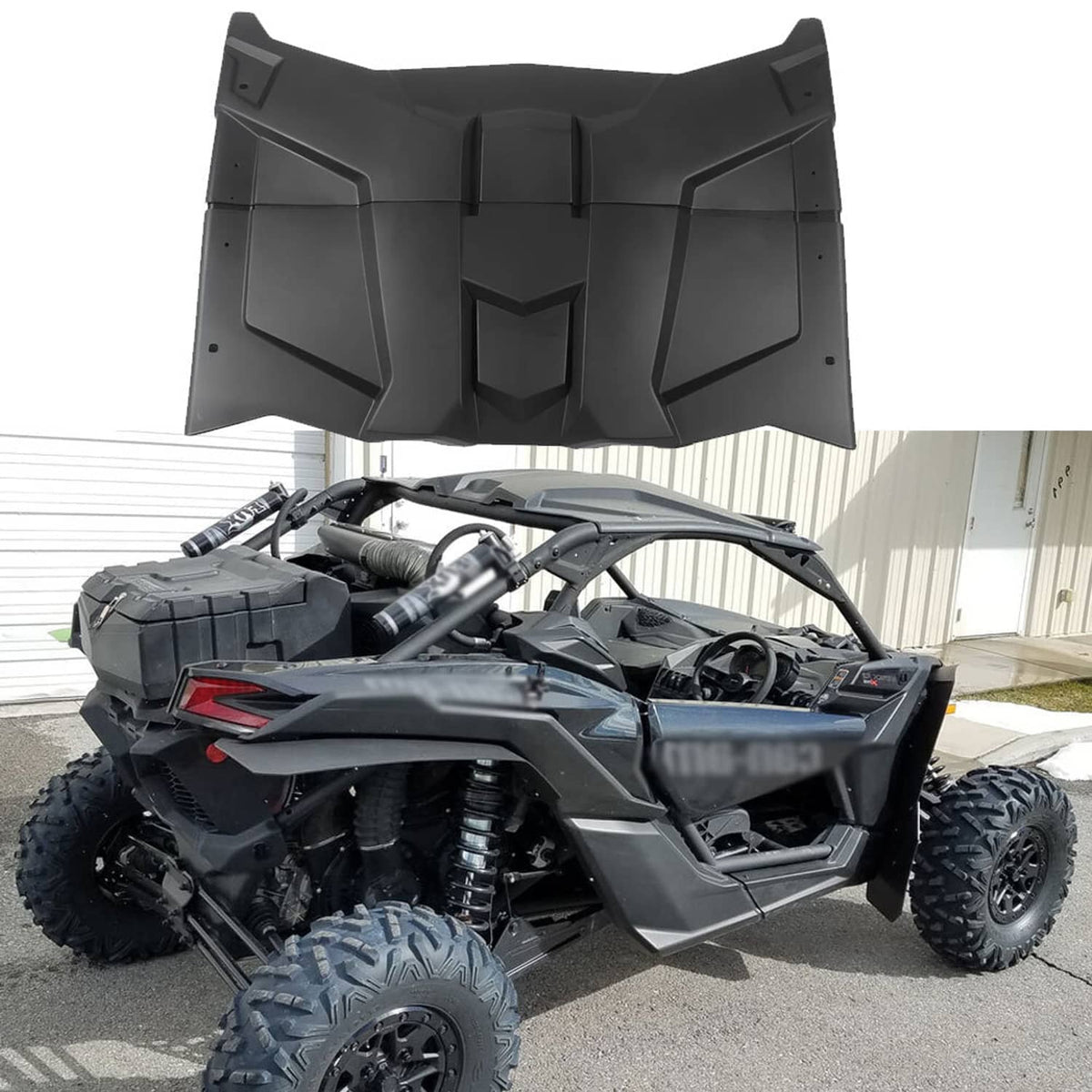 Black combination roof panels covering an off-road UTV cab, with drilled mounting holes