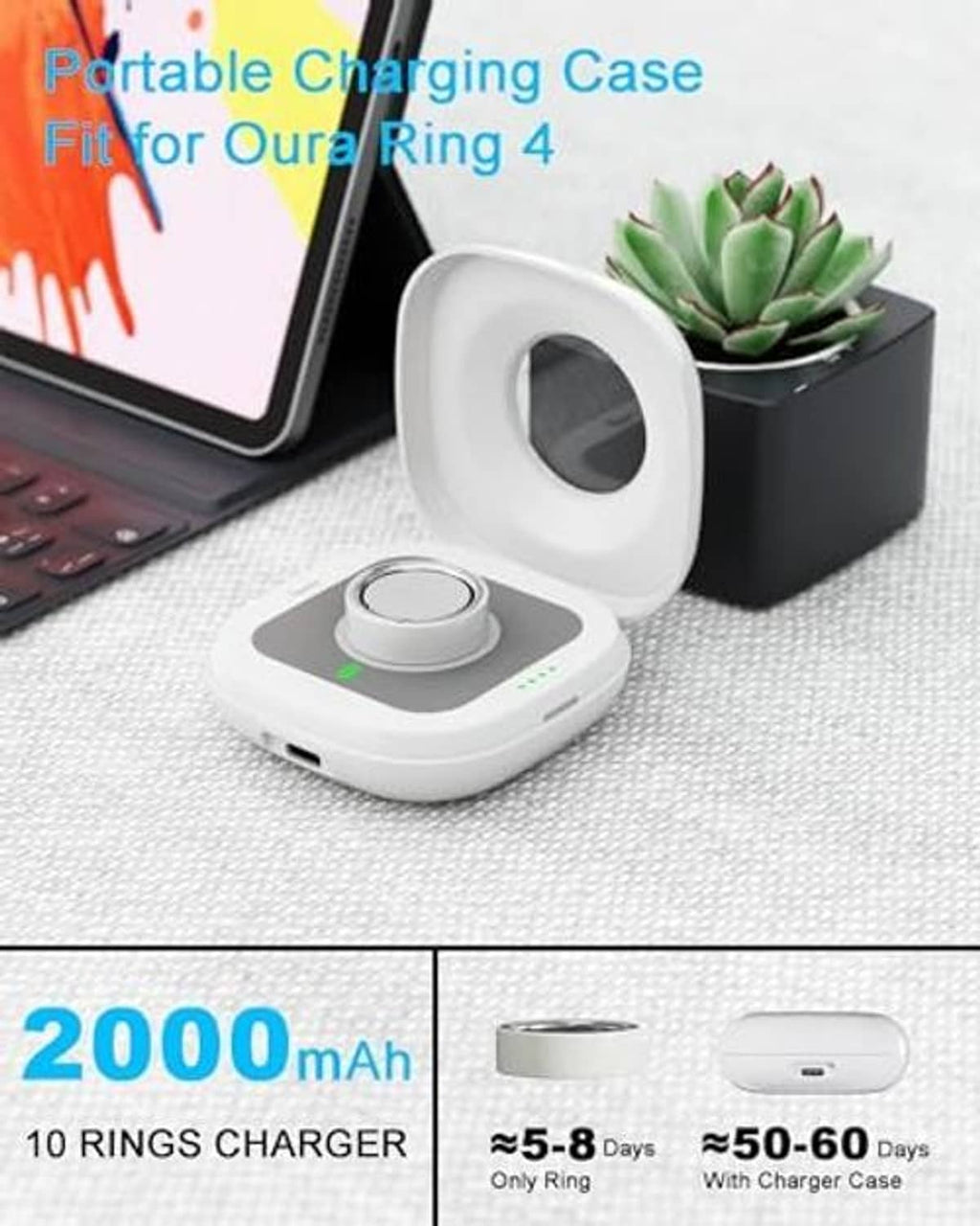 White wireless charging case with circular dock, compact portable charger for a ring