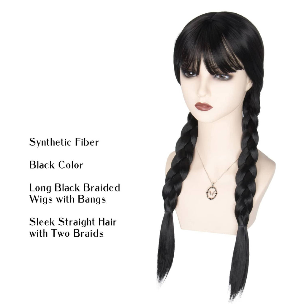 Black long braided wig with bangs, sleek two-braid style