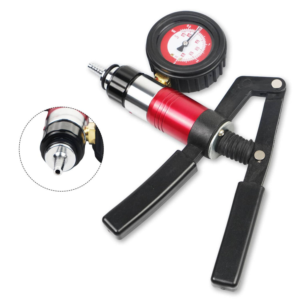 Red and silver handheld vacuum pump tester with dial gauge and black clamp handle