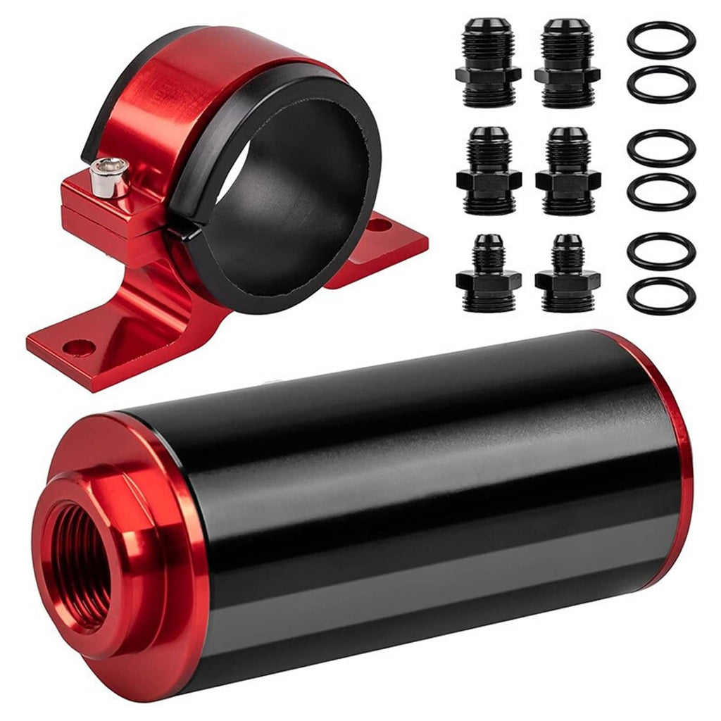 Inline fuel filter kit with red bracket, black canister, and included O-ring set