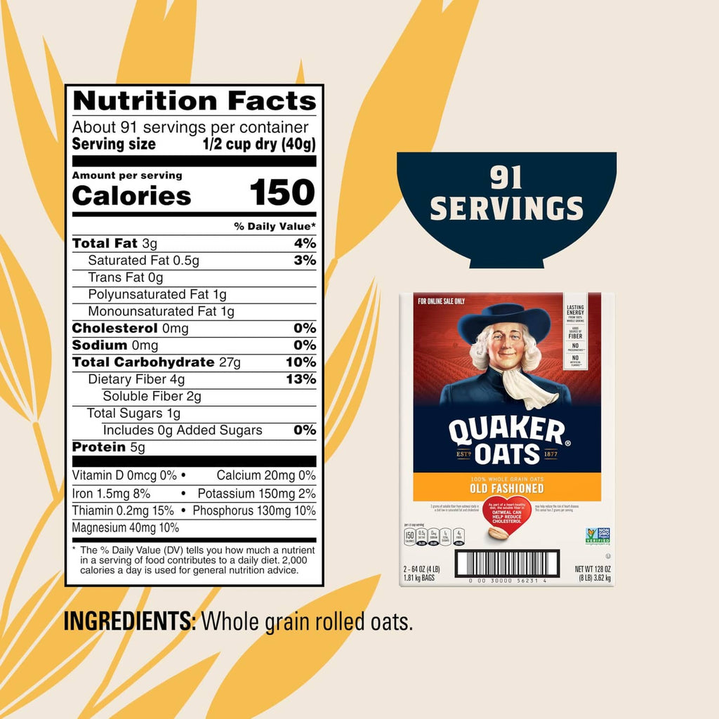 Nutrition facts panel for rolled oats with servings count and product box