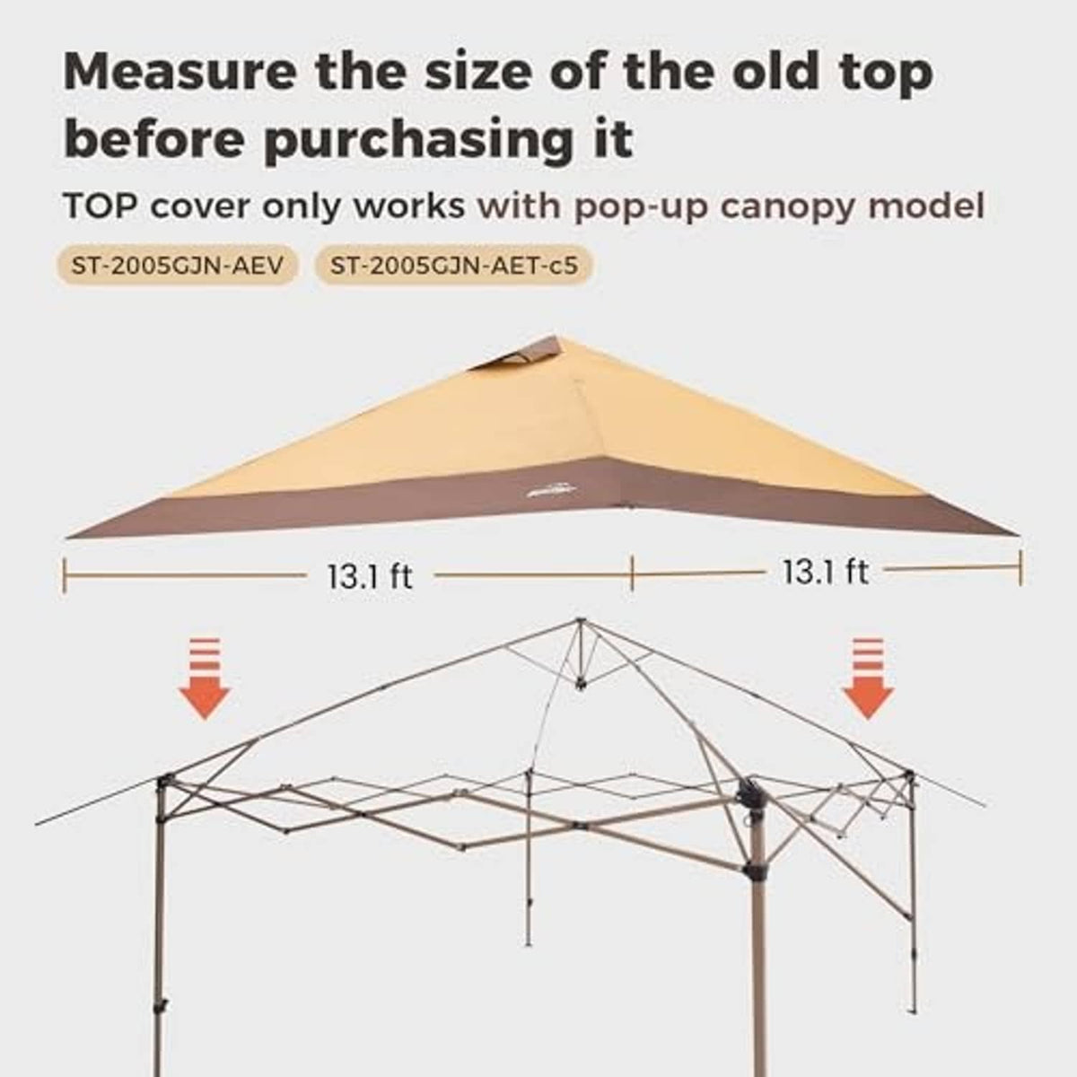Khaki canopy replacement top cover with center peak and 13.1 ft dimensions