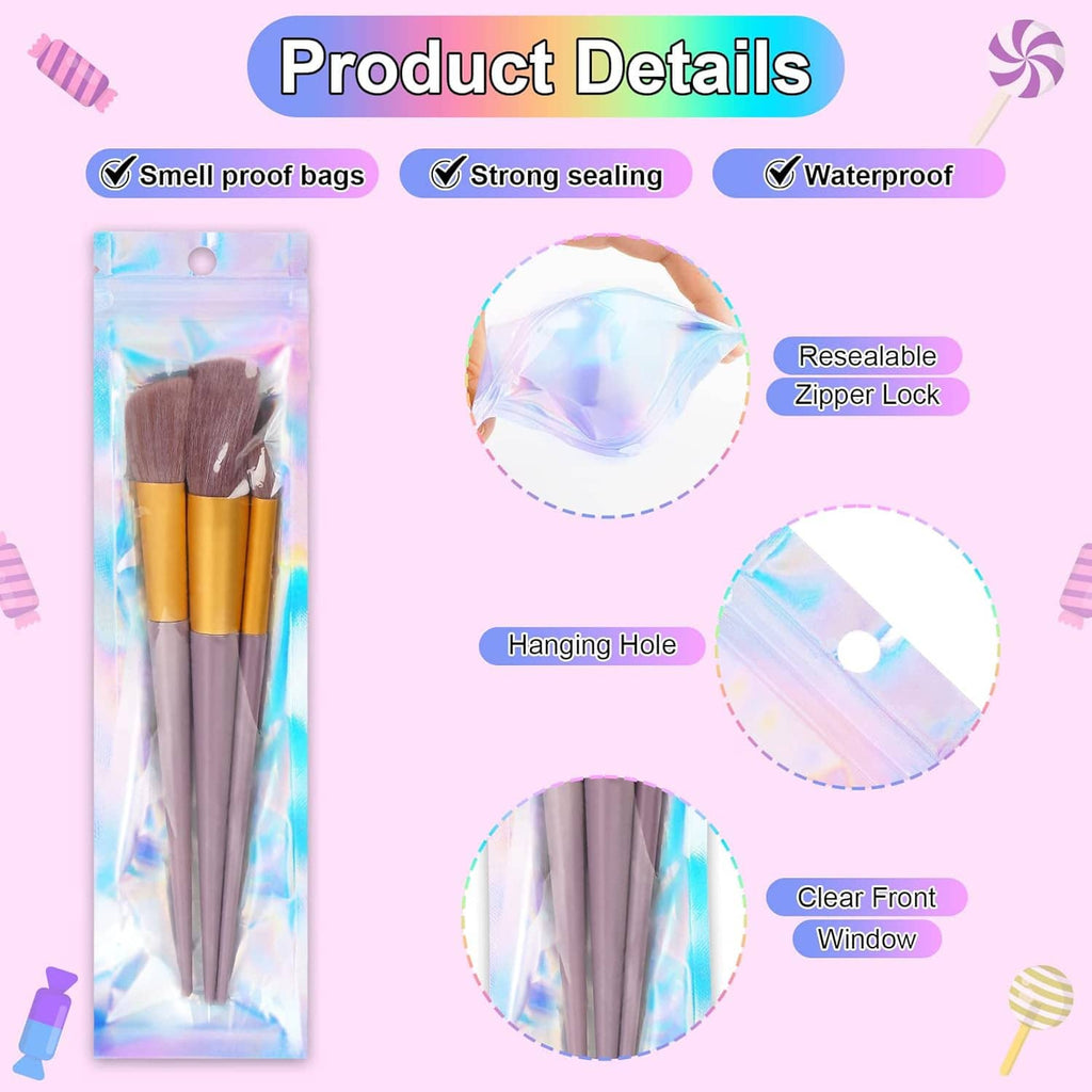 Holographic pen bag with clear front window, hanging hole, and zipper lock seal