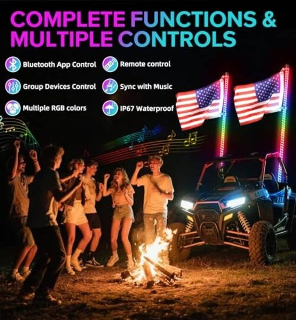 Multiple RGB LED whip lights on a vehicle with multicolor glowing antennas