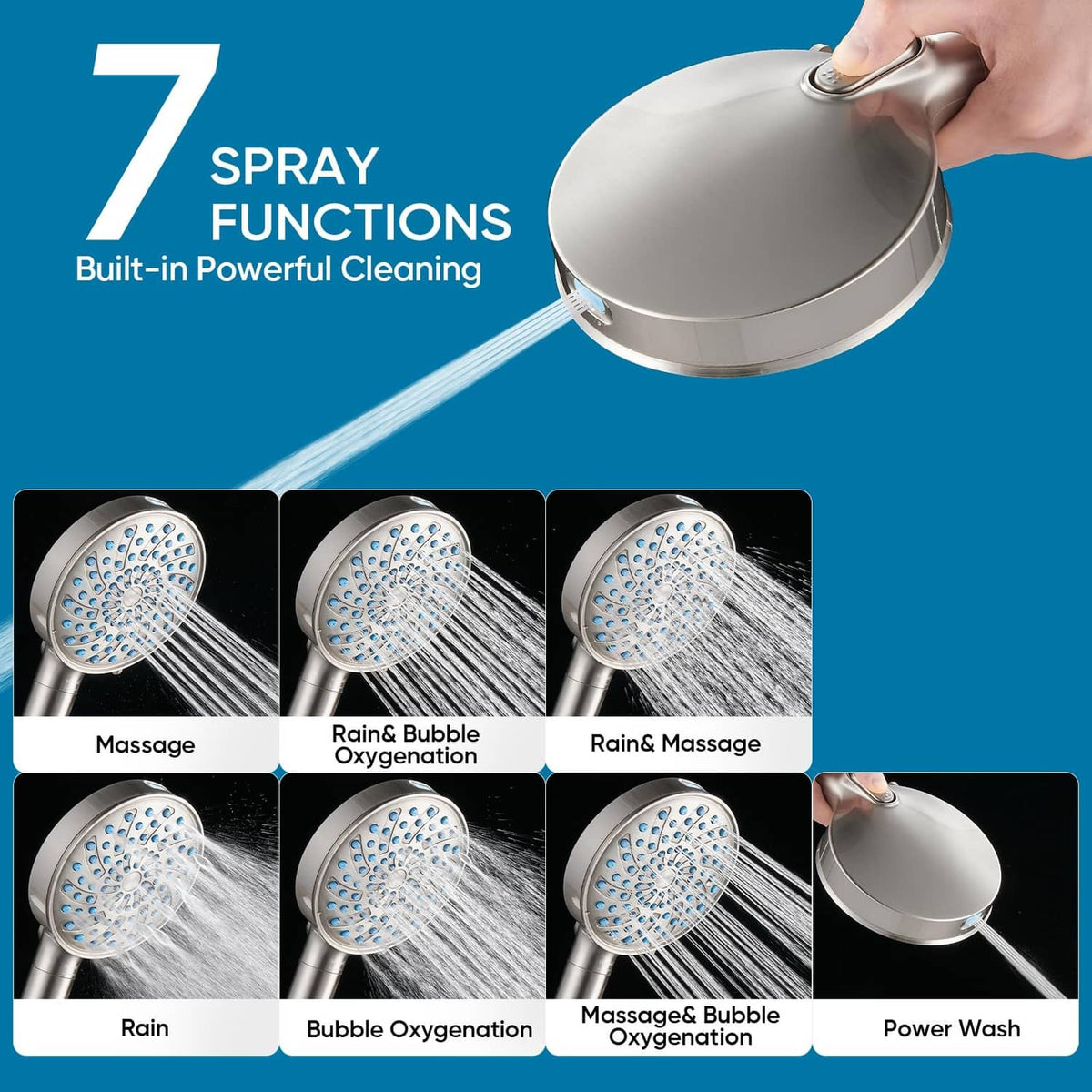 Brushed nickel shower head with multiple spray patterns: massage, rain, bubble, power wash