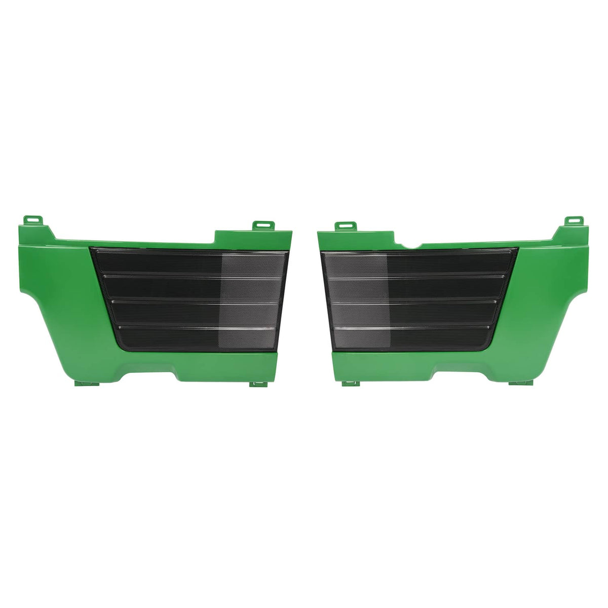 Green left and right side panel screens with black mesh grilles