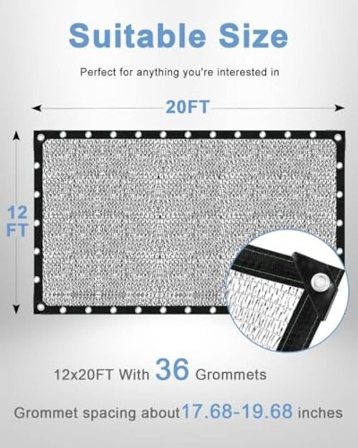 Silver reflective shade cloth rectangle with black border and evenly spaced grommets