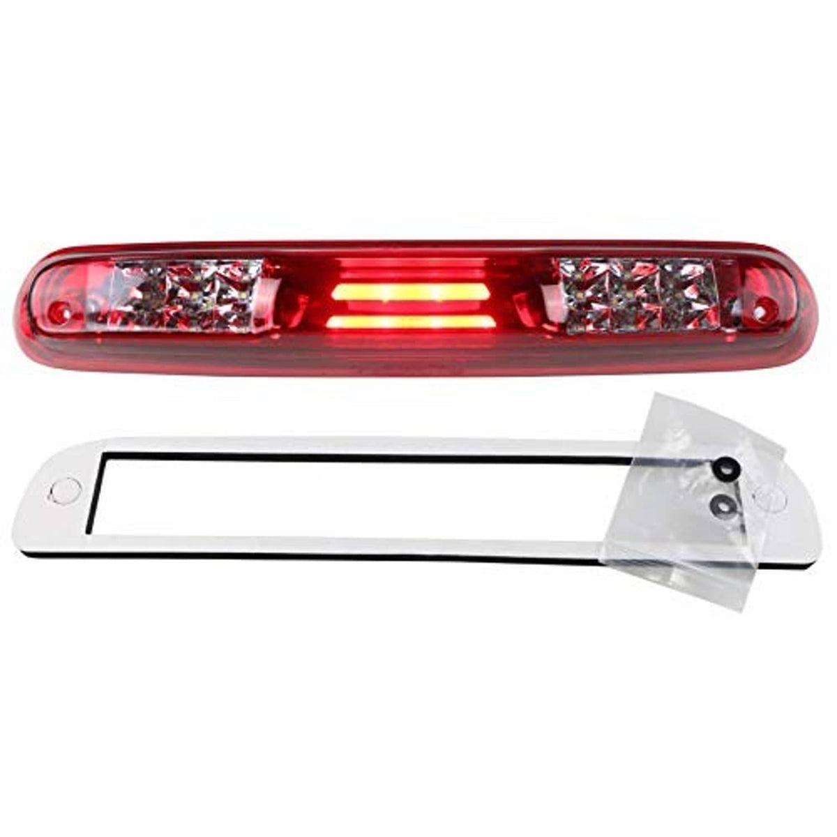 LED tail light bar with red lens and clear chrome reflectors plus included mounting parts