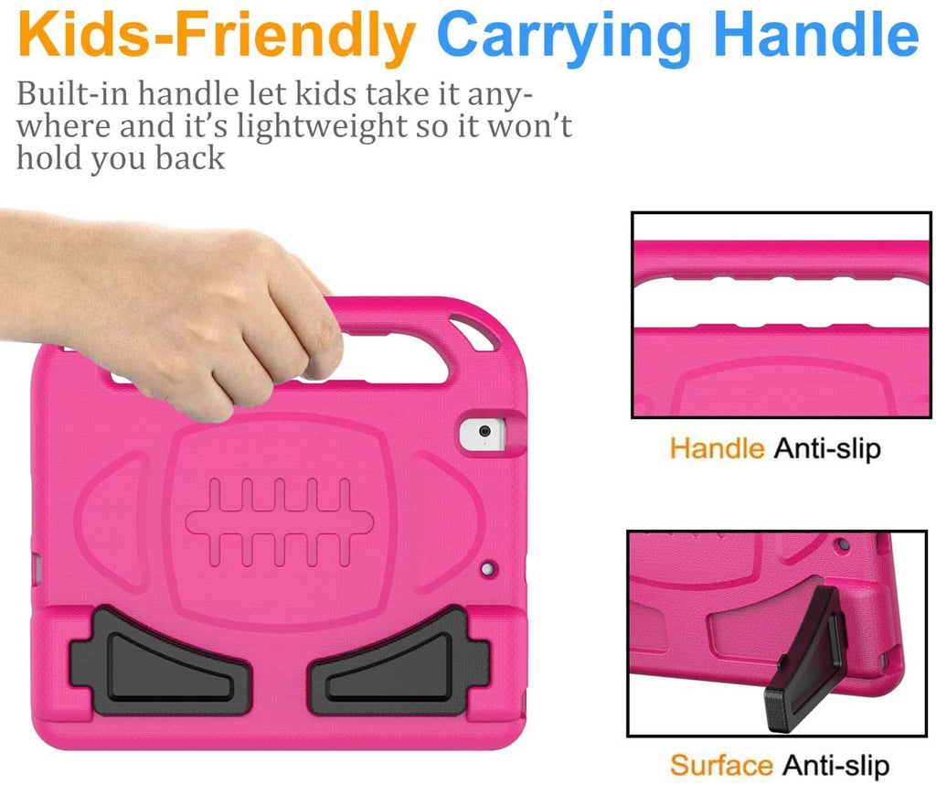 Pink kids iPad case with built-in carrying handle and anti-slip side grip