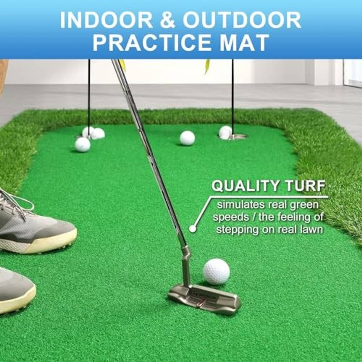 Green indoor golf putting mat with a putter and several white practice balls