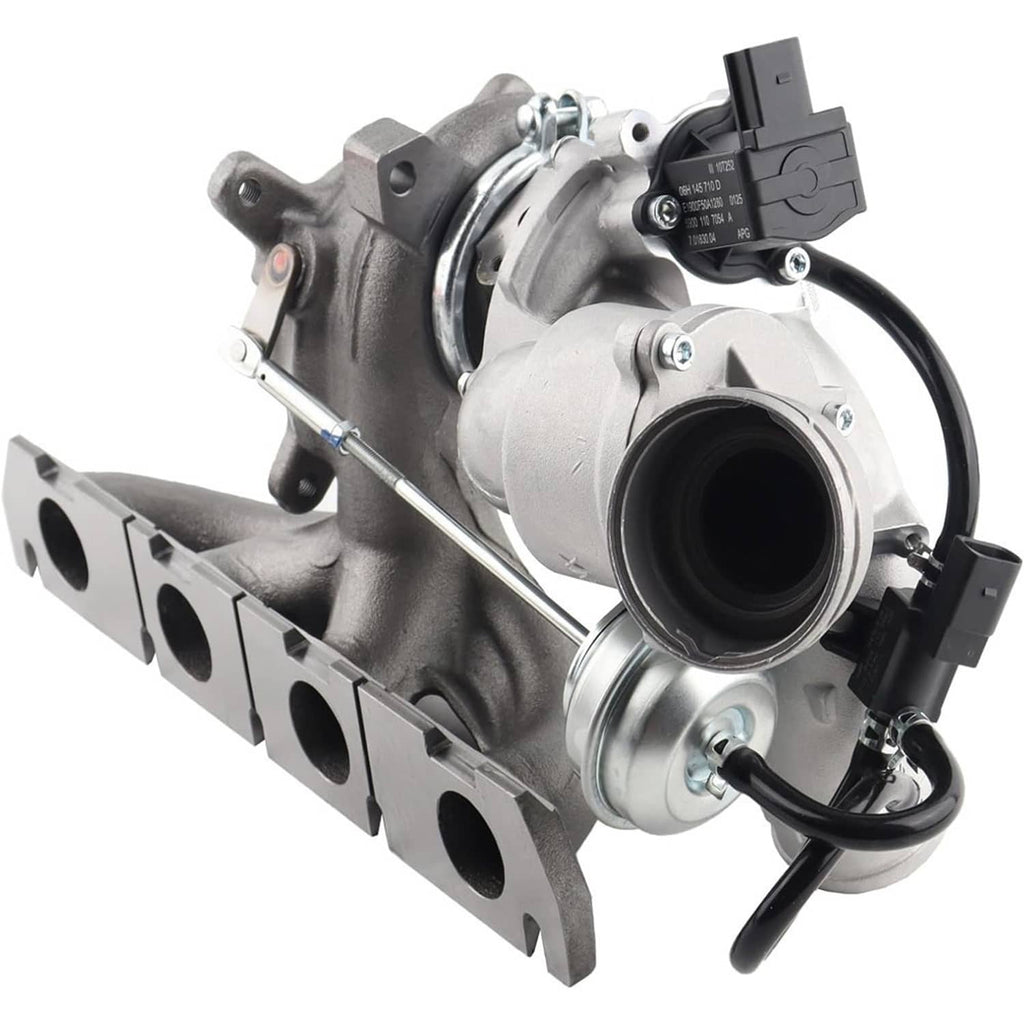 Turbocharger with turbine flange, compressor outlet, and wiring plugs