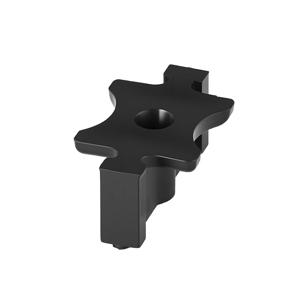 Black composite decking T-clip connector with central screw opening