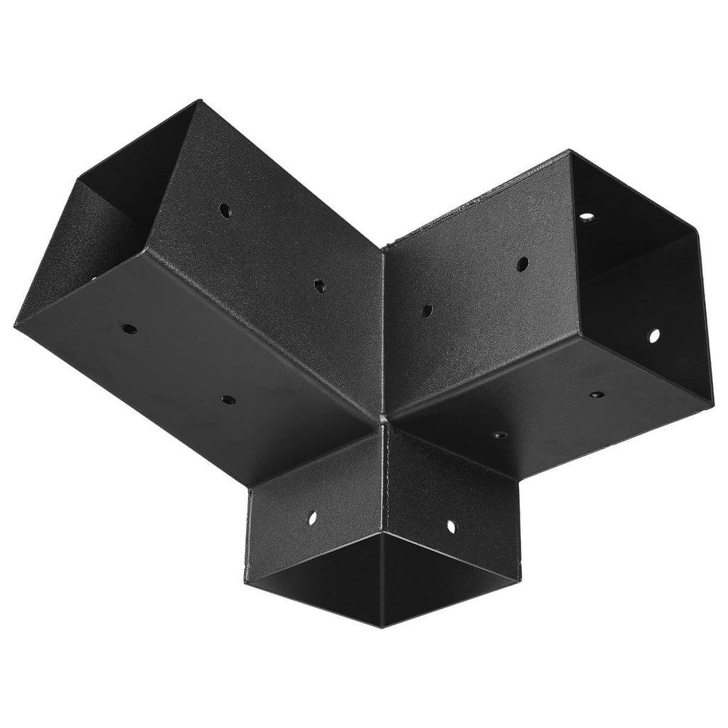 Black 3-way slanted pergola bracket with four arms and predrilled mounting holes