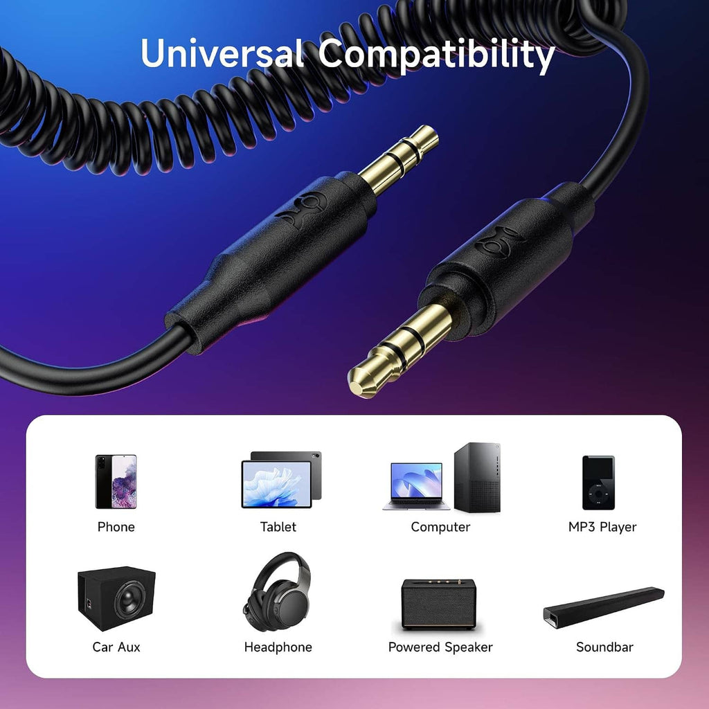 Coiled 3.5mm stereo audio cable with two gold-plated 3.5mm male plugs