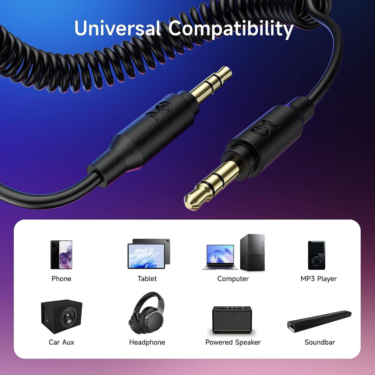 Coiled 3.5mm stereo audio cable with two gold-plated 3.5mm male plugs