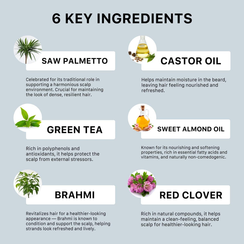 Ingredient infographic listing six key oils and plant extracts for hair and scalp care