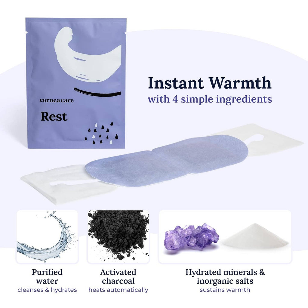 Self-heating eye mask pouch with two light blue warm compress pads
