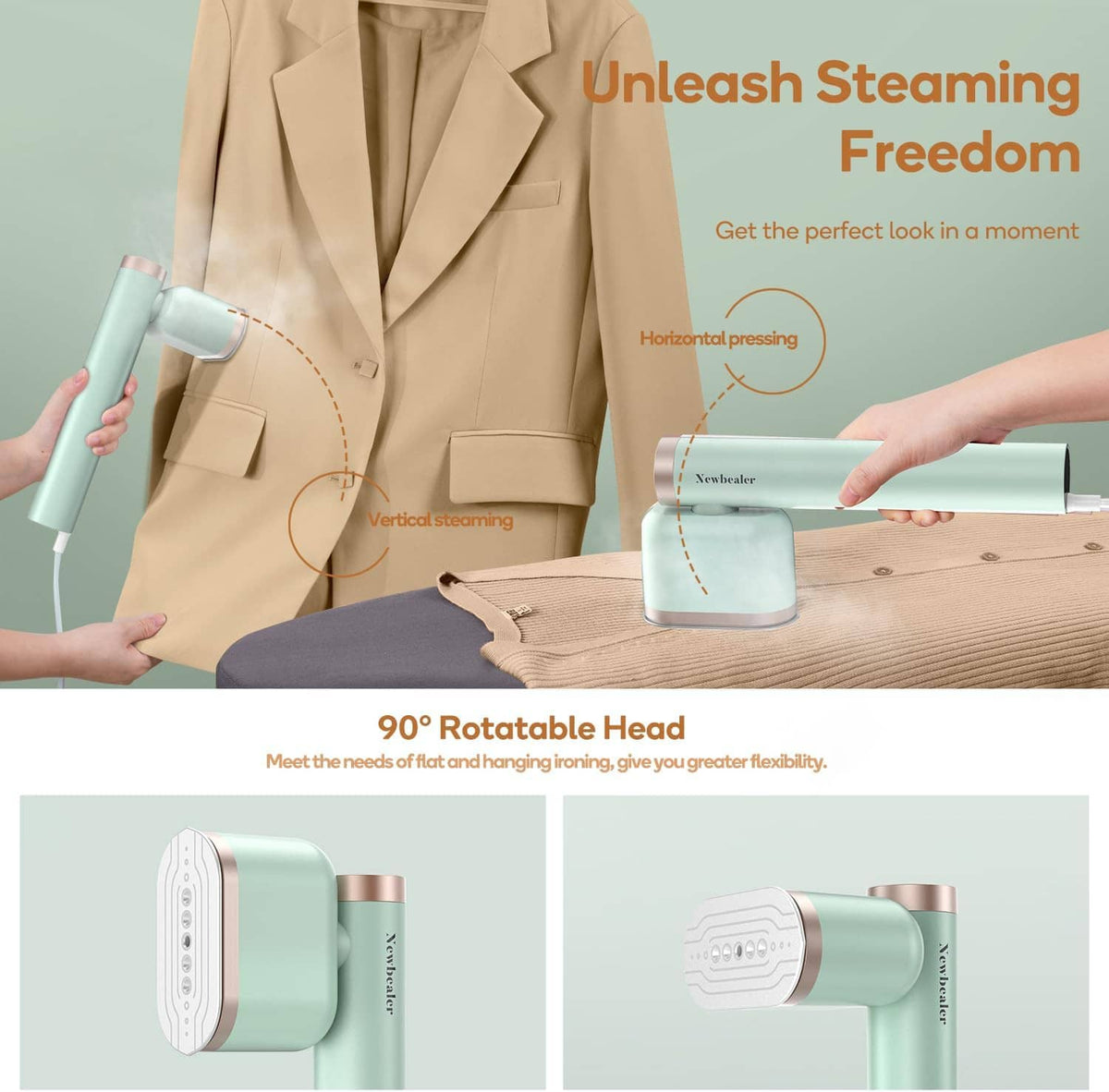 Mint portable garment steamer with handheld steam nozzle over clothing