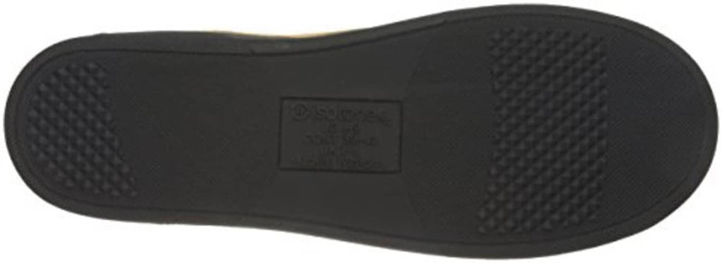 Black rubber slipper outsole with raised traction pattern and logo patch