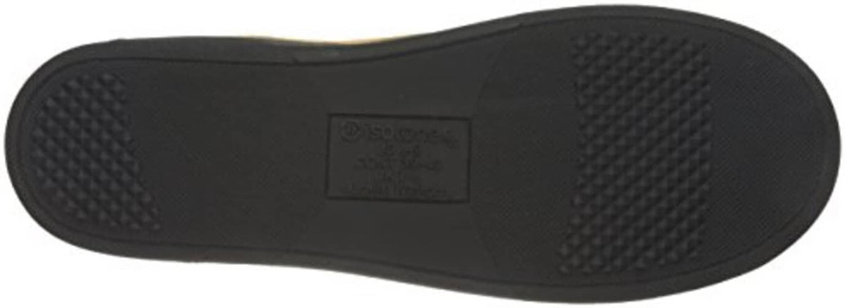 Black rubber slipper outsole with raised traction pattern and logo patch