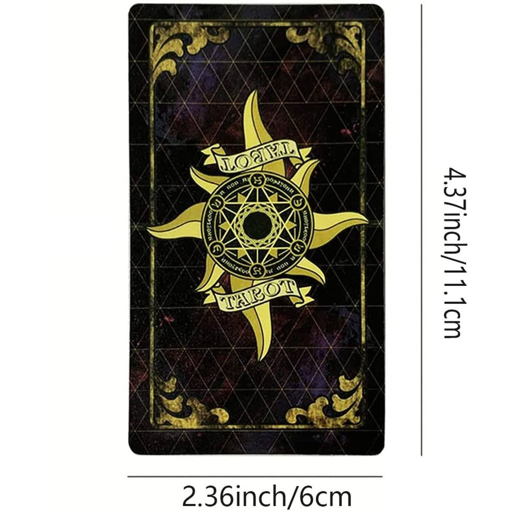 Single tarot card with dark grid background and gold sunlike emblem artwork