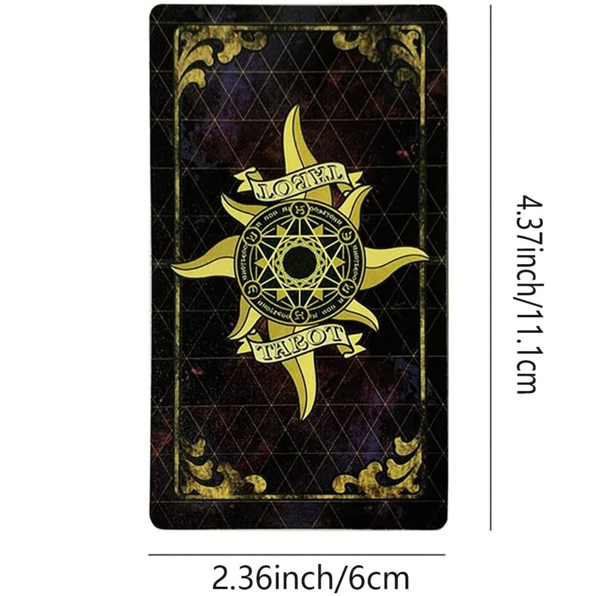 Single tarot card with dark grid background and gold sunlike emblem artwork