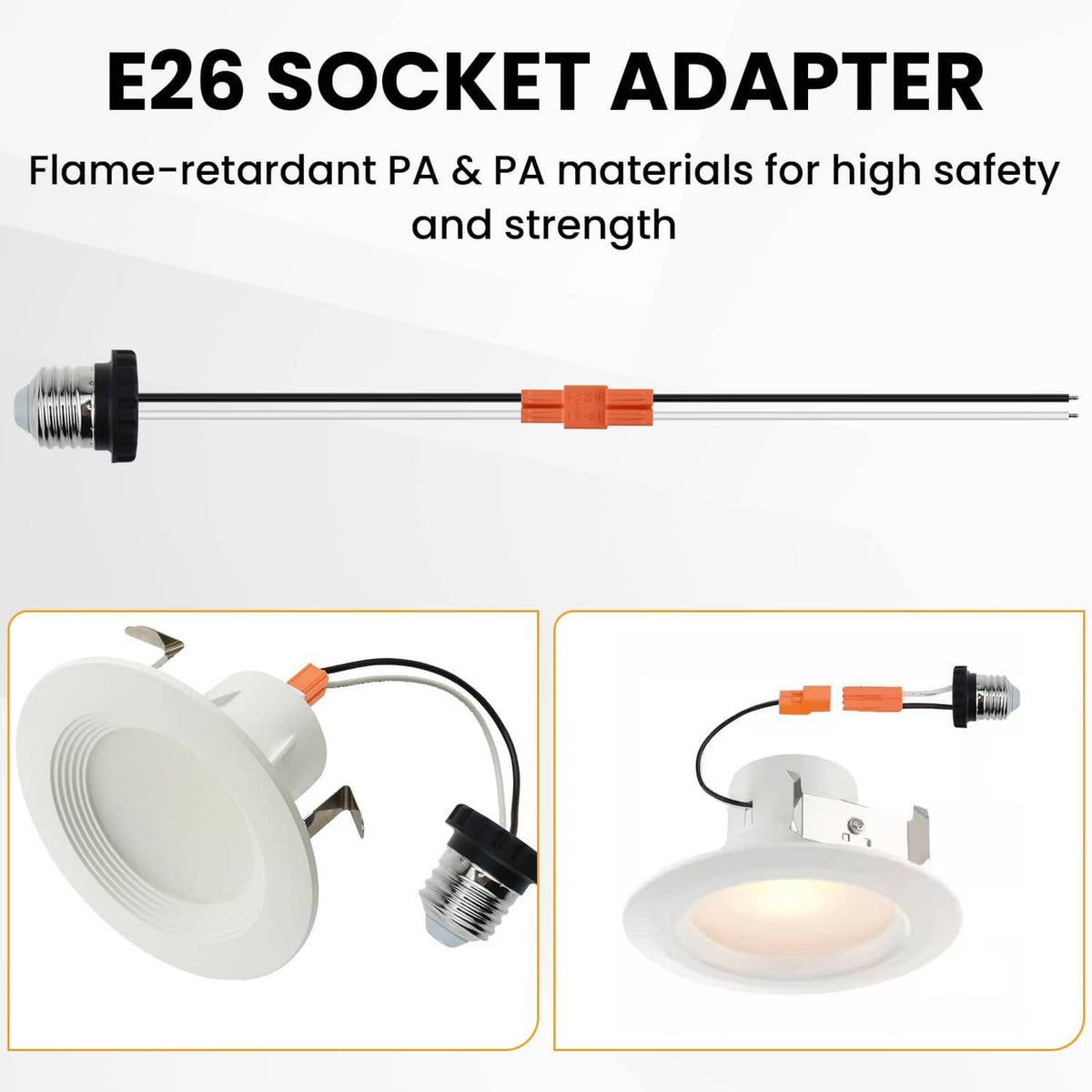 E26 socket adapter with black screw base and light orange connector on insulated wires