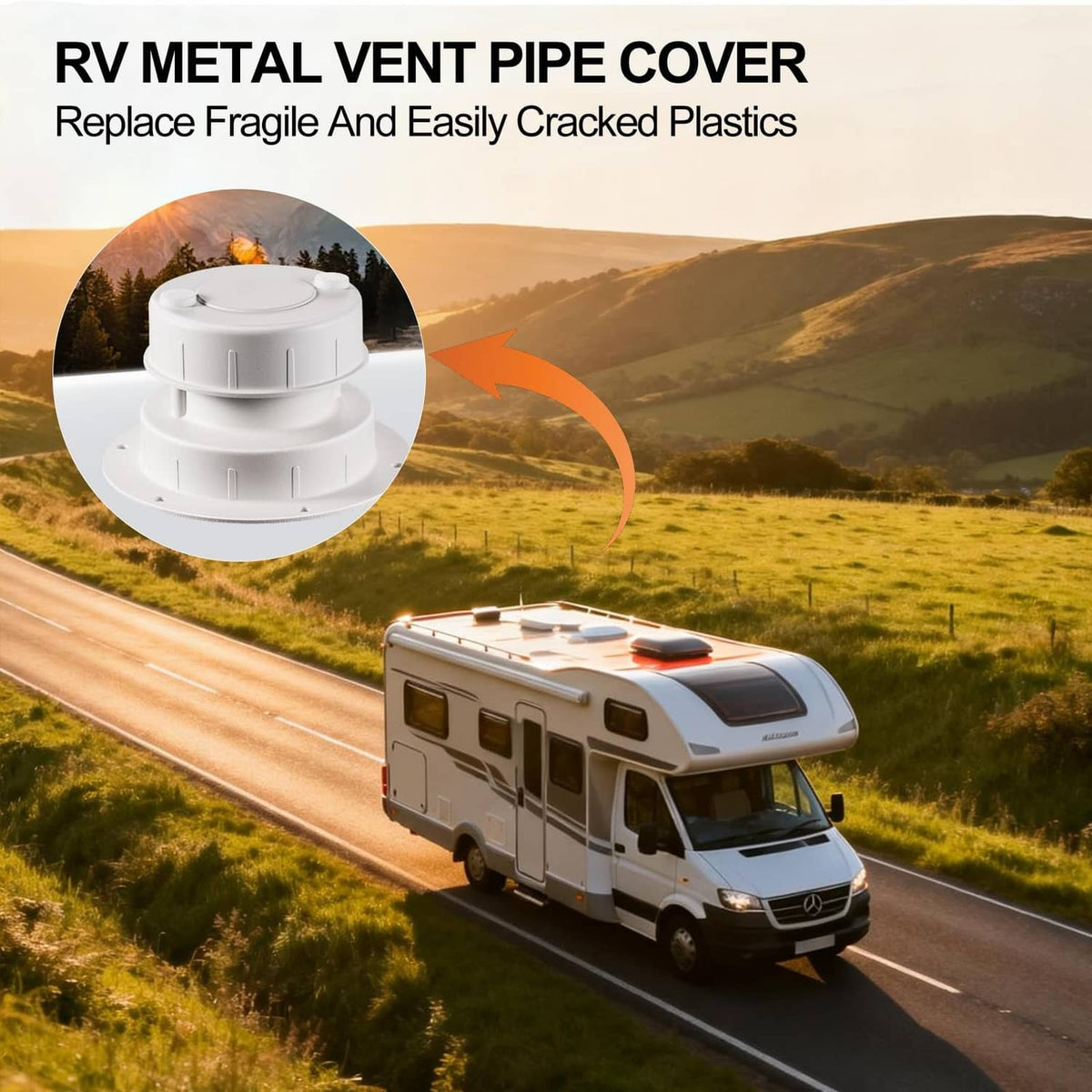 White RV metal vent pipe cover on RV roof vent with round top cap