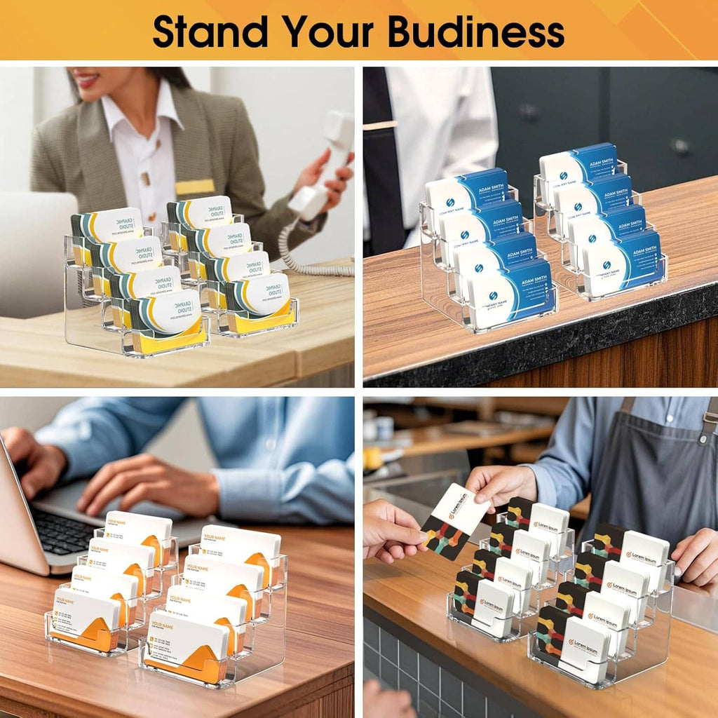 Clear acrylic 4-tier business card holders displayed on a desk counter