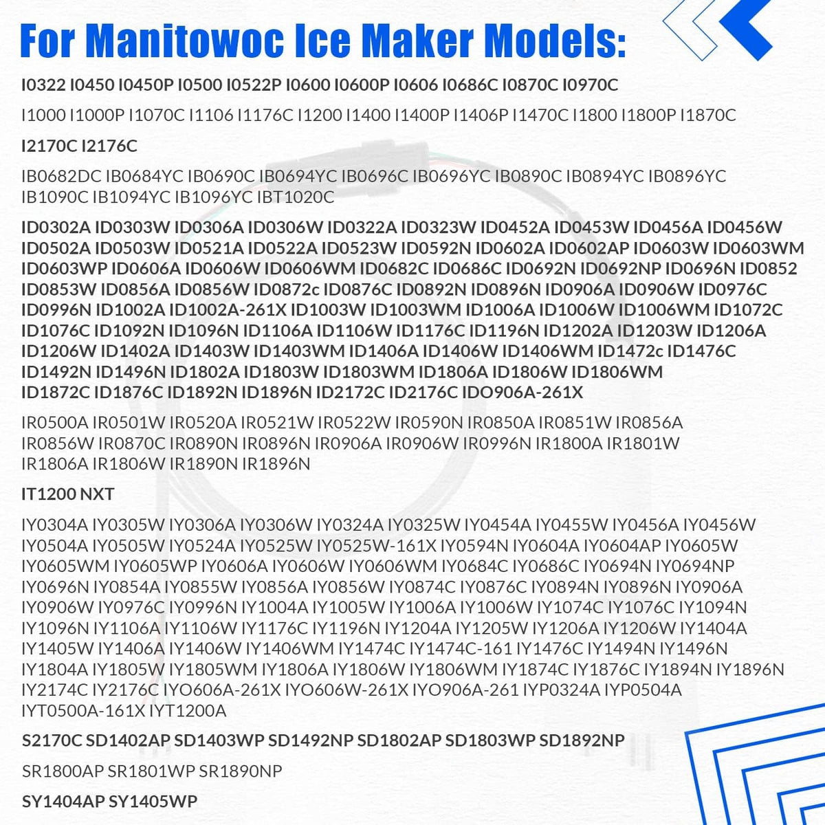 Ice water level sensor probe kit compatibility list on package artwork