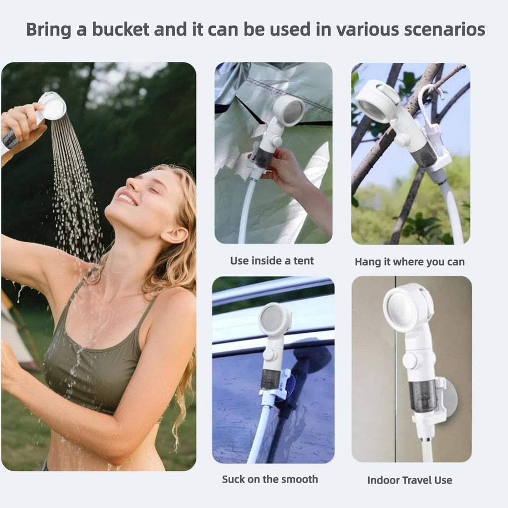 Portable shower pump producing spray from a white showerhead with hose