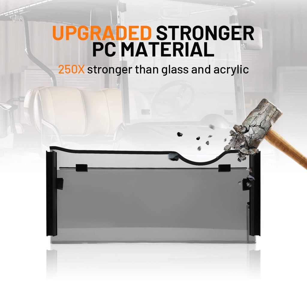 Tinted folding front windshield panel on display with black frame and mounting hardware