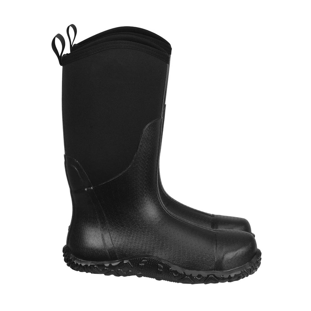 Black tall rubber boot with smooth shaft, side seam, and textured tread outsole
