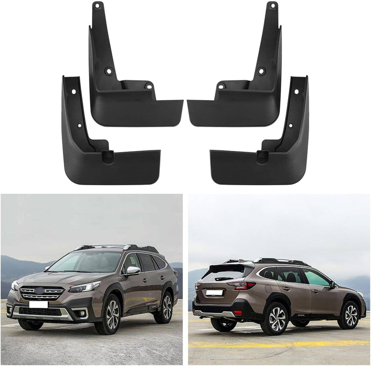 Black mud flaps set with four pieces; contoured splash guards and top attachment points.
