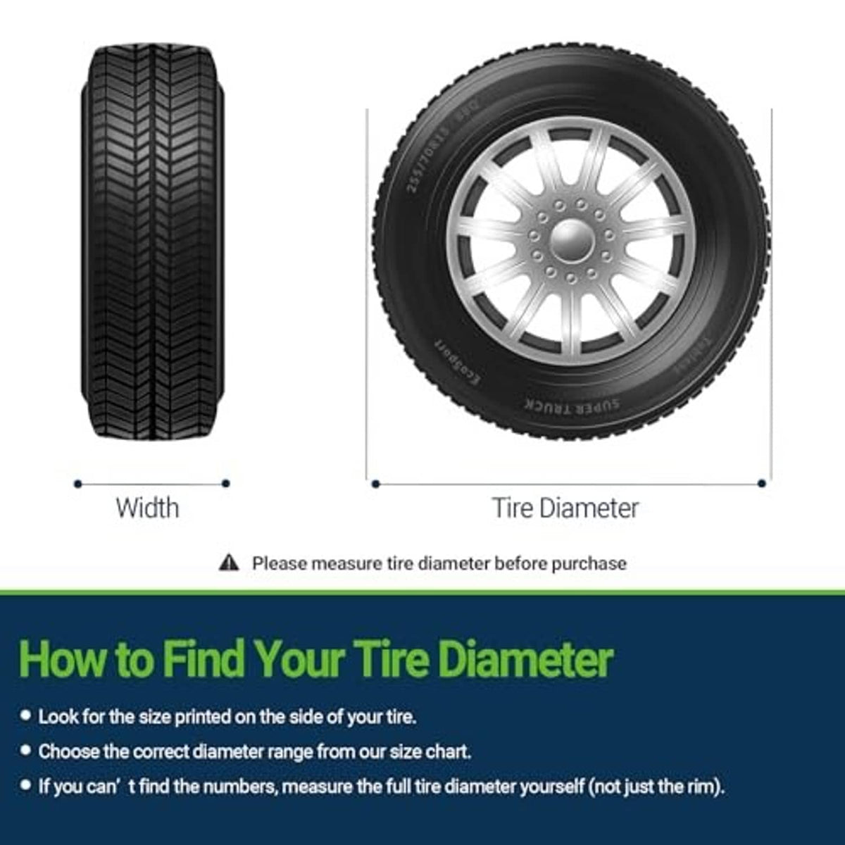 Tire cover size guide showing cover width and tire diameter measurement diagram