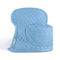 Blue quilted stand mixer cover with oval top and front pouch pocket