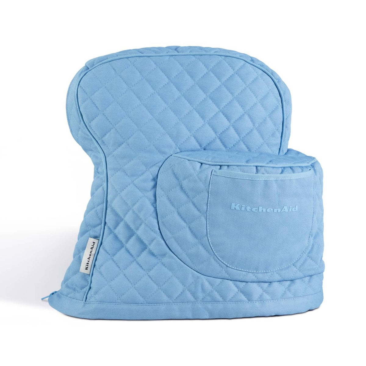 Blue quilted stand mixer cover with oval top and front pouch pocket