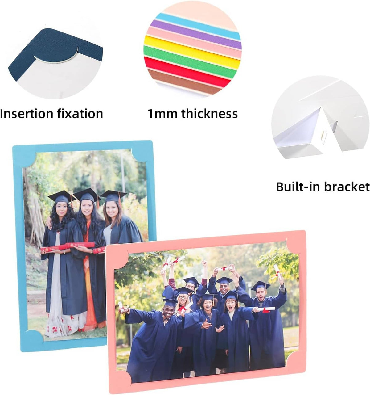 Cardboard photo frame details: corner tabs, 1mm thickness, and built-in tabletop bracket